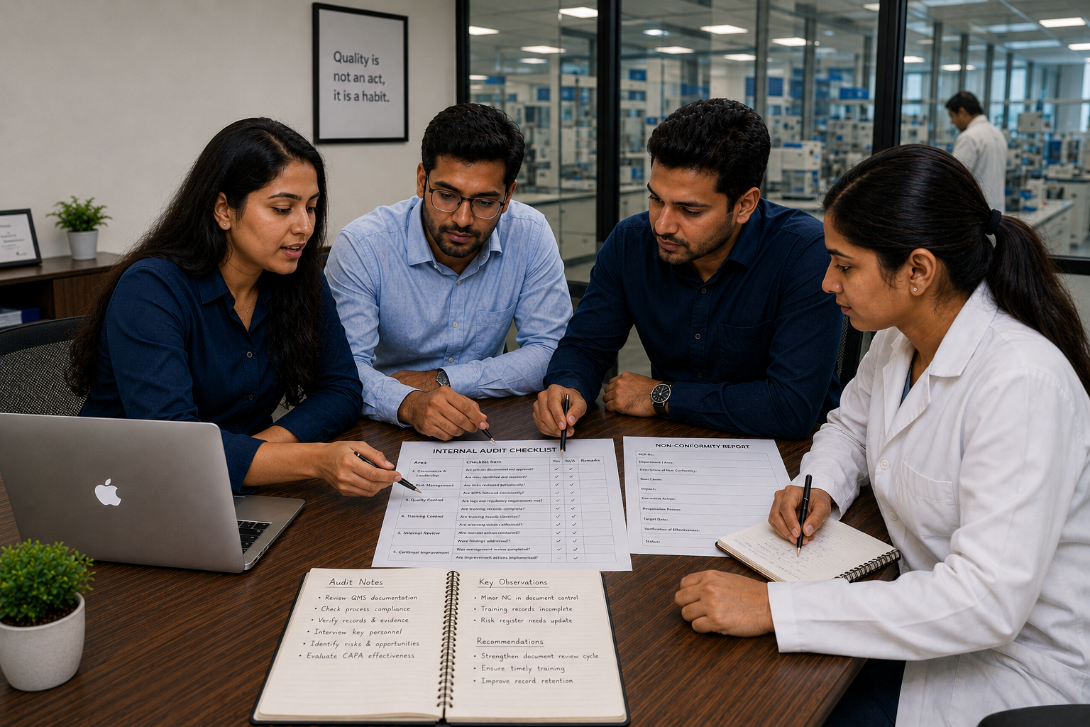 Research team reviewing internal audit checklist and quality documents