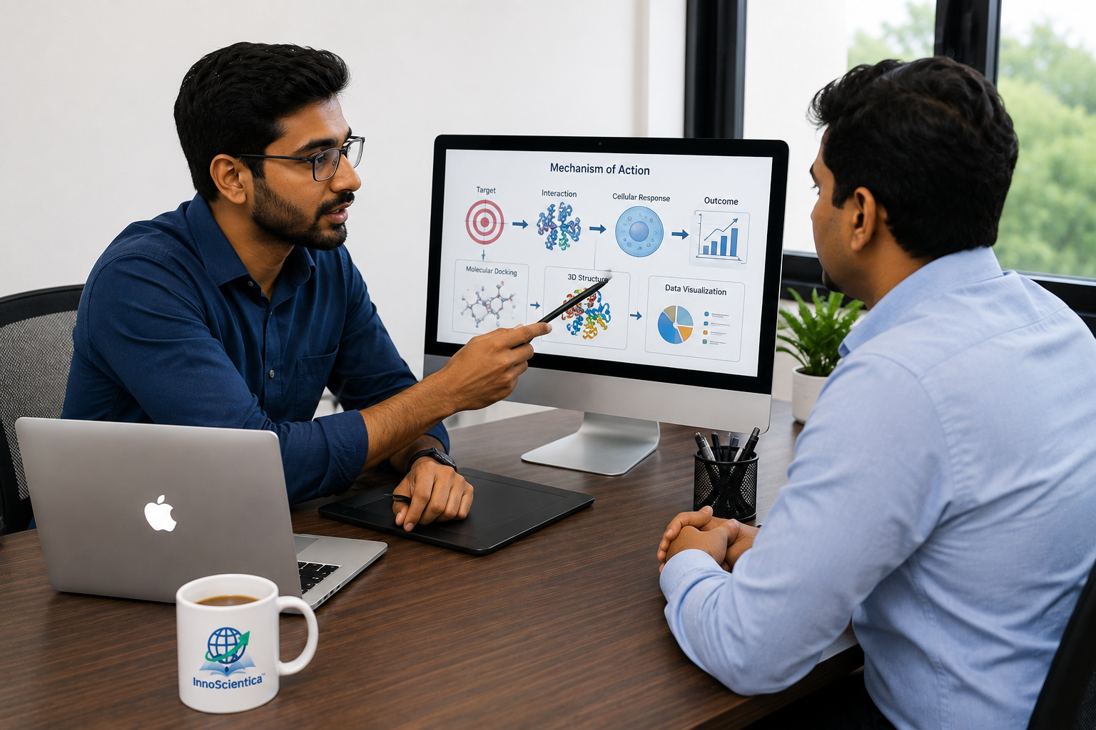 Conference material discussion with scientific mechanism visual on screen