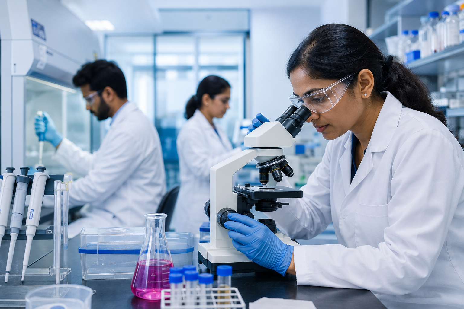 Laboratory scientist using a microscope in a research laboratory