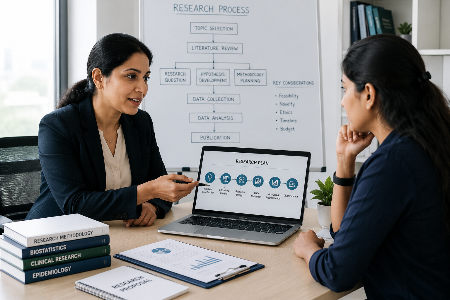 Research consultant discussing a study roadmap with a researcher
