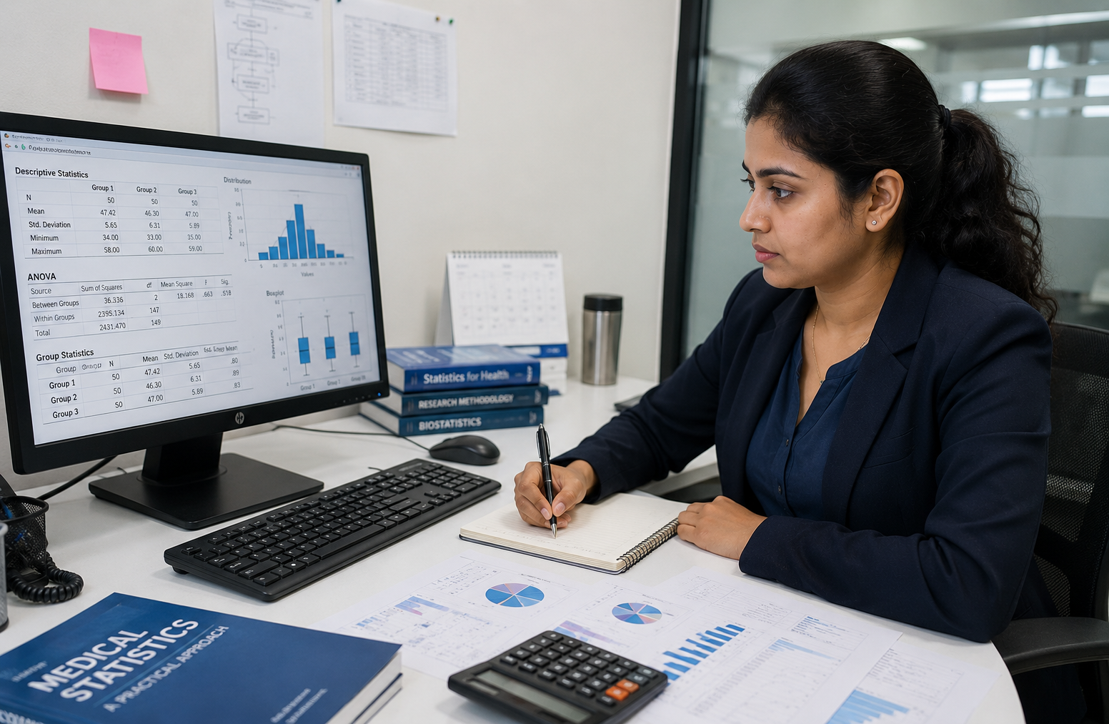 Research analyst reviewing statistical outputs and charts